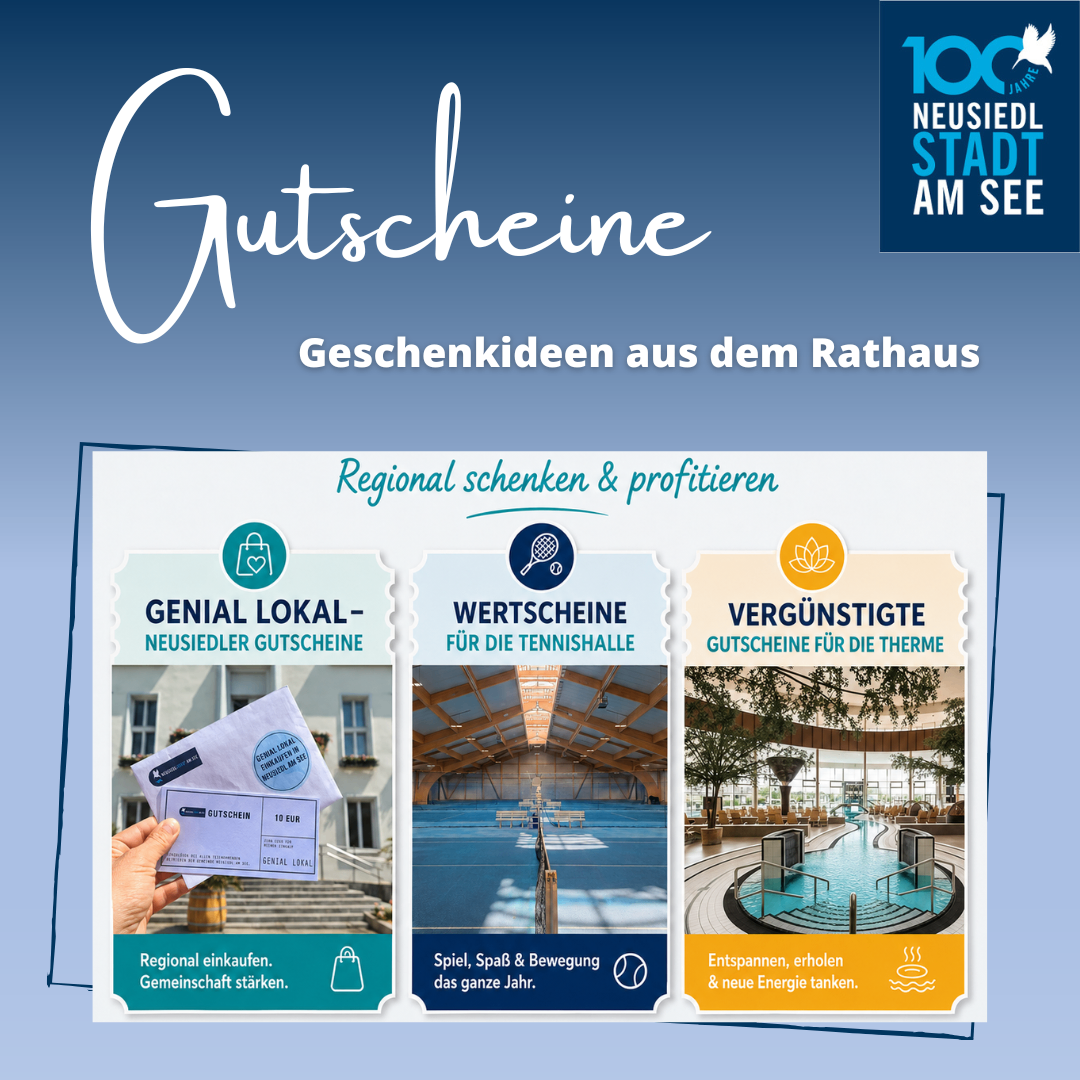 Ein Werbeplakat für Neusiedl am See mit Gutscheinen für lokales Einkaufen, Tennis und Thermalbad. Die Gutscheine sollen regionales Einkaufen fördern und die Gemeinschaft stärken. Das Plakat zeigt Bilder eines Gebäudes, eines Tennisplatzes und eines Thermalbades.