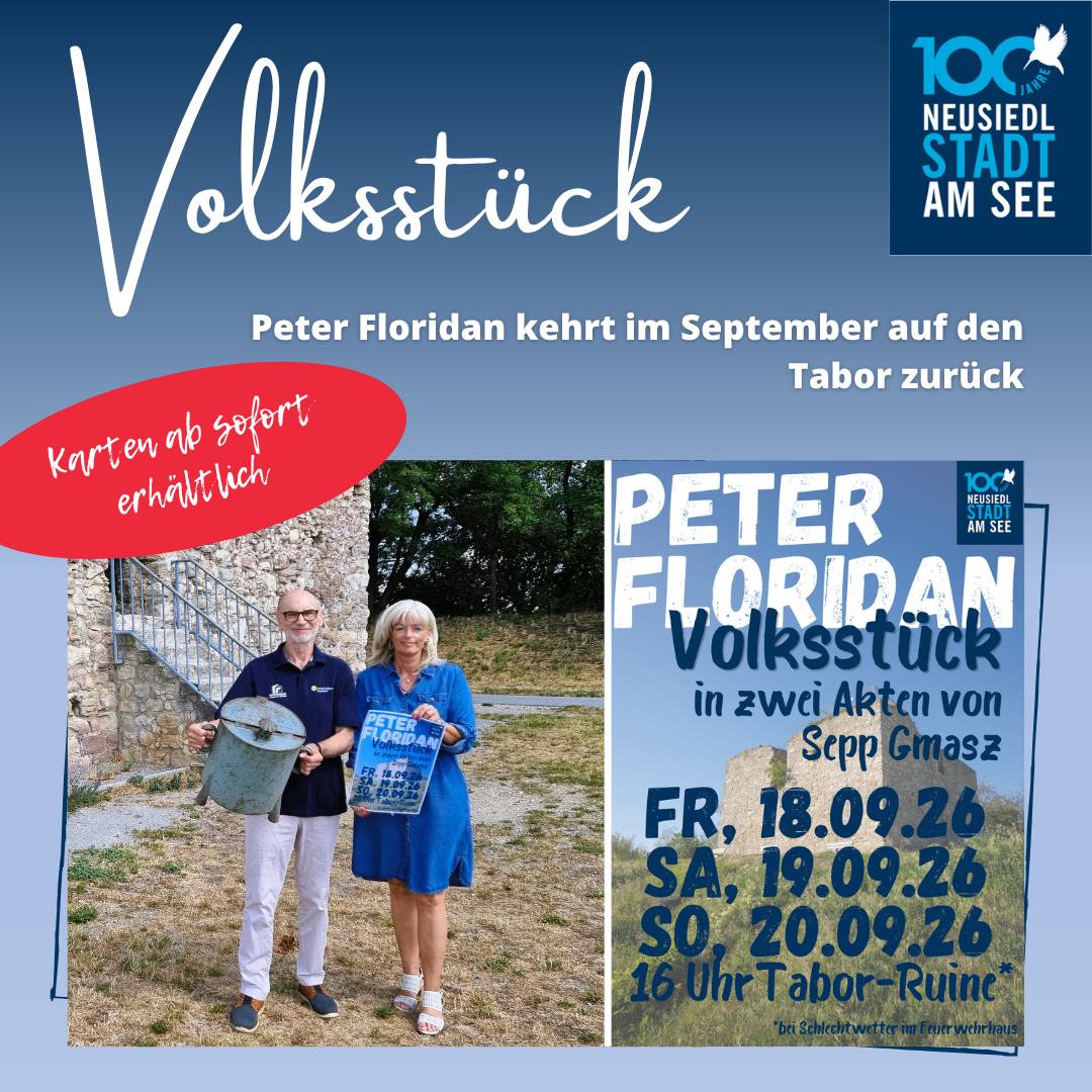 Plakat für die Rückkehr von Peter Florian im September zum Tabor, mit zwei Personen vor einer Steinmauer mit einem roten Banner, das 'Karten ab sofort erhältlich' steht. Das Plakat enthält auch einen Zeitplan für die Veranstaltung.