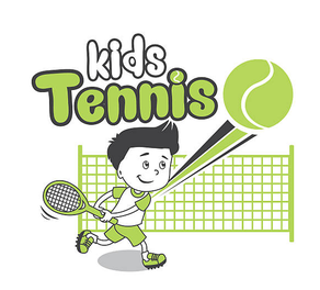Illustration eines Jungen, der Tennis spielt, mit einem Tennisball, der das Netz trifft, und einem Schläger in der Hand.