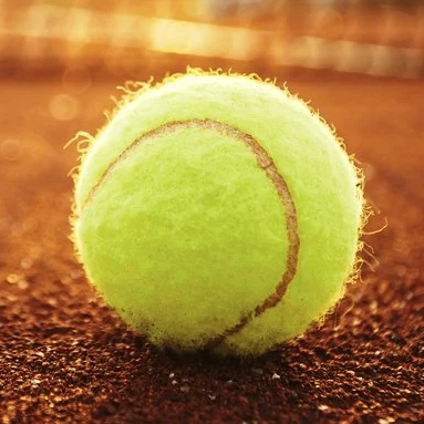 Ein Tennisball liegt auf einem Lehmtennisplatz unter einem warmen Sonnenuntergang. Der Ball hat eine glatte Oberfläche mit einer ausgeprägten grünen Farbe und einem braunen Saum.