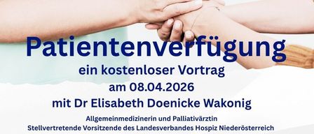 Eine Anzeige für einen kostenlosen Vortrag über Patientenversorgung von Dr. Elisabeth Doenicke Wakonig am 8. April 2026 um 18.00 Uhr im Herrenhaus Ternitz.