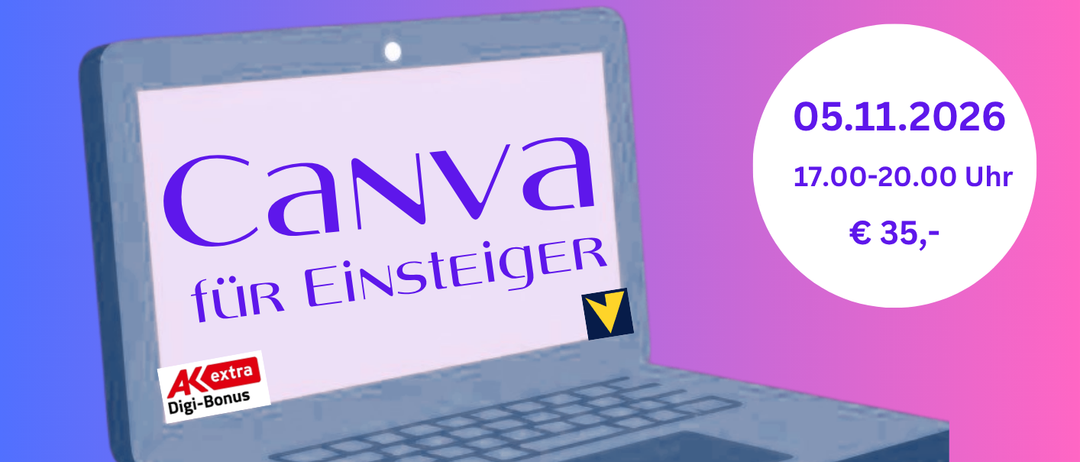Ein Laptop zeigt auf seinem Bildschirm ein Canva-Workshop an. Der Workshop ist für Anfänger und kostet 35 Euro. Das Datum ist der 11. Mai 2026, von 17 bis 20 Uhr.