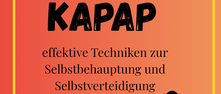 Plakat für einen Workshop zu Selbstbehauptung und Selbstverteidigung, mit einer Silhouette von zwei Menschen im Kampf. Der Text lautet 'KARAP' und 'effektive Techniken zur Selbstbehauptung und Selbstverteidigung.' Der Termin ist Dienstag, 29. September 2026, von 18:00 bis 19:30 Uhr im VS Turnsaal Dunkelstein. Der Preis beträgt 88 Euro. Anmeldung und Informationen unter www.vhs-ternit.at.