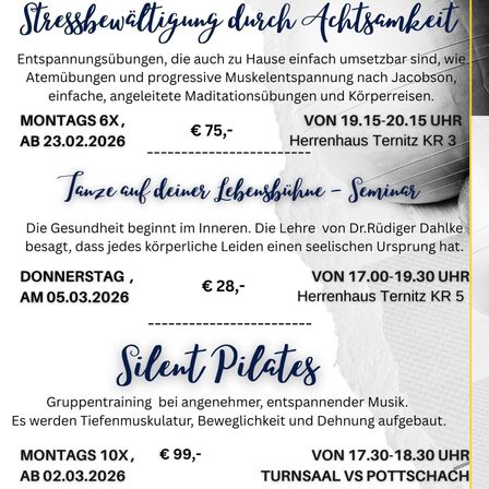 Das Poster bewirbt Stressbewältigung durch Atemtechniken, einschließlich Atemübungen, Meditation und Körperbewegungen. Die Sitzungen beginnen am 23.02.2026 um 19:15-20:15 Uhr. Außerdem ist ein Seminar zum Tanzen auf deinem Lebensweg für den 05.03.2026 um 17:00-19:30 Uhr geplant.