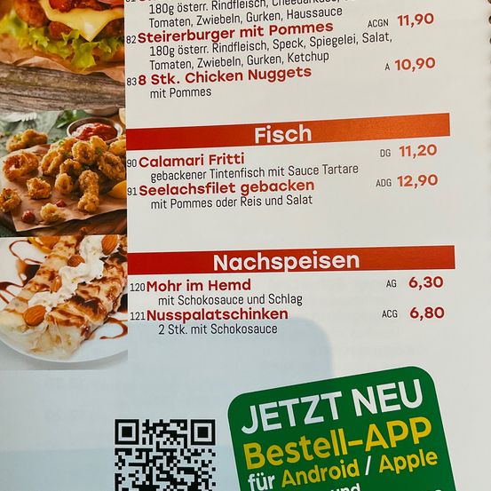 Bild enthält, Burger, Food, Text, Menu, Advertisement, QR Code, Poster