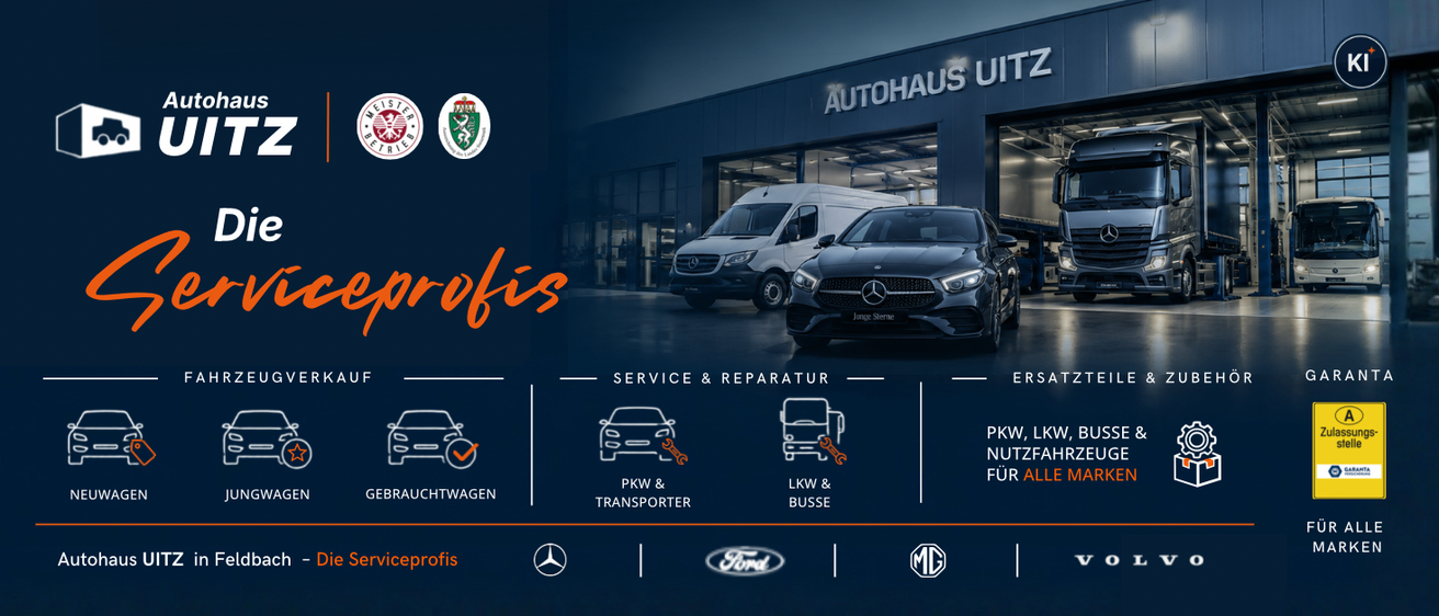 Eine Werbung für Autohaus Uitz, die ein Mercedes-Benz Auto und einen Van zeigt, mit Logos und Text auf Deutsch. Die Anzeige hebt Dienstleistungen und Reparaturen für verschiedene Fahrzeuge hervor.