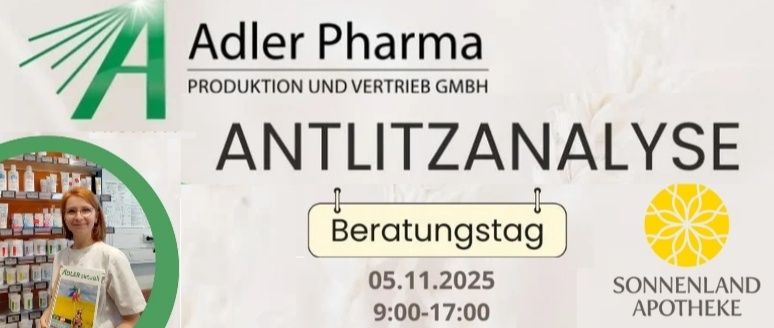 Adler Pharma Produktion und Vertrieb GmbH veranstaltet am 5. November 2025 von 9:00 bis 17:00 Uhr einen Beratungstag zur Anti-Aging-Analyse in der Sonnenland Apotheke. Eine Frau ist abgebildet, wie sie ein Buch in einer Apothekenumgebung hält.