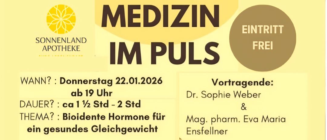 Ein Poster für die Veranstaltung 'MEDIZIN IM PULS' am 22.01.2026 um 19 Uhr. Vortrag von Dr. Sophie We. Themen sind Hormone zur Gewichtsreduktion.