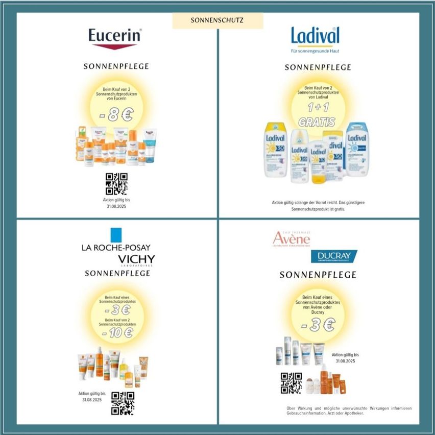 Das Bild zeigt einen Werbeflyer für Sonnenschutzprodukte von Eucerin, Ladival und Ducray. Bei Kauf von zwei Sonnenschutzprodukten von Eucerin, Ladival oder Ducray erhalten Kunden ein kostenloses Produkt. Das Angebot gilt bis zum 31. August 2025. Es sind QR-Codes für weitere Informationen angegeben.