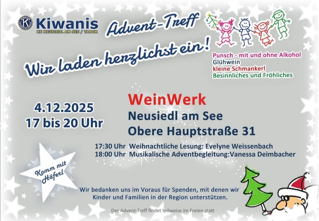 Plakat für das Adventtreffen im WeinWerk am 2. Dezember 2025. Zeigt Kinder, einen Weihnachtsbaum und eine Santa Claus-Illustration. Es enthält Details wie Veranstaltungszeit, Adresse und Aktivitäten wie Weihnachtslesung und musikalische Begleitung. Es erwähnt auch eine Spende für lokale Kinder und Familien.