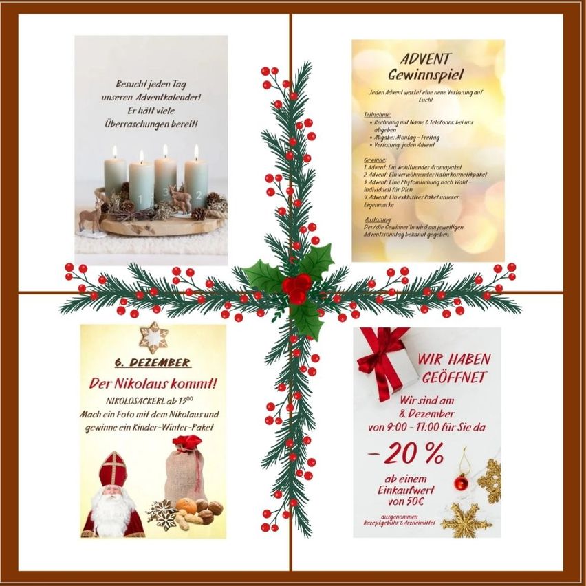 Poster mit Weihnachtsthemen. Es enthält vier verschiedene Abschnitte. Der obere linke Abschnitt zeigt vier Kerzen mit dekorativen Gegenständen. Der obere rechte Abschnitt enthält eine Liste von Artikeln. Der untere linke Abschnitt zeigt ein Bild von St. Nikolaus. Der untere rechte Abschnitt enthält eine Liste von Rabatten.