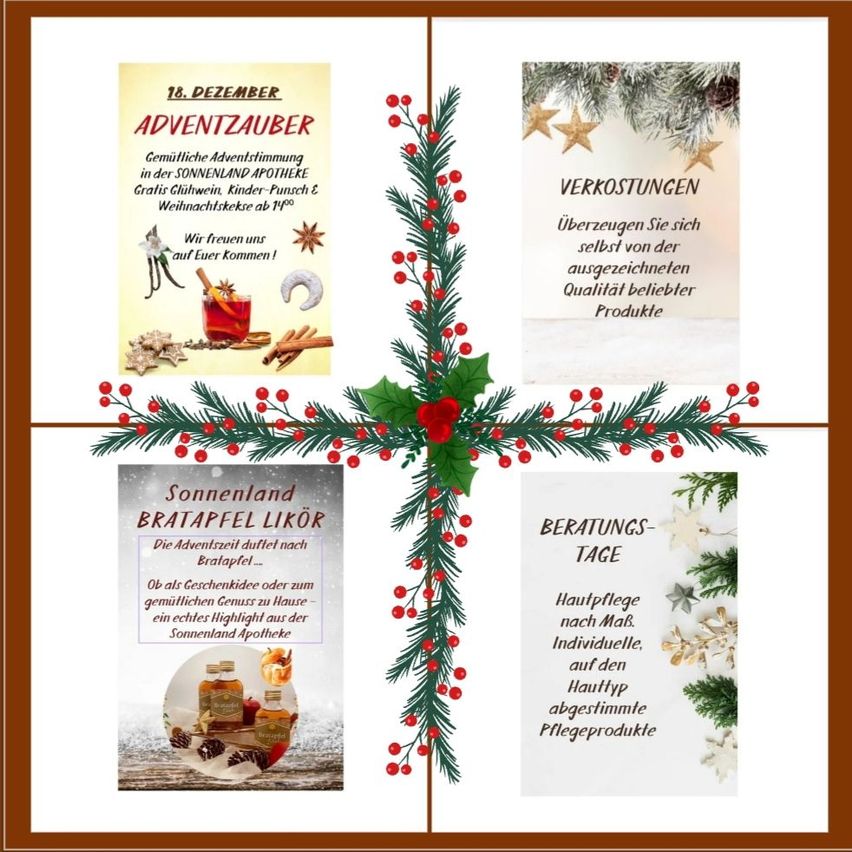 Werbung für Sonnenland Apotheke mit einem Angebot für Bratapfel-Likör und Hautpflege-Beratung. Das Design zeigt einen Kranz mit Stechpalmen und Beeren.