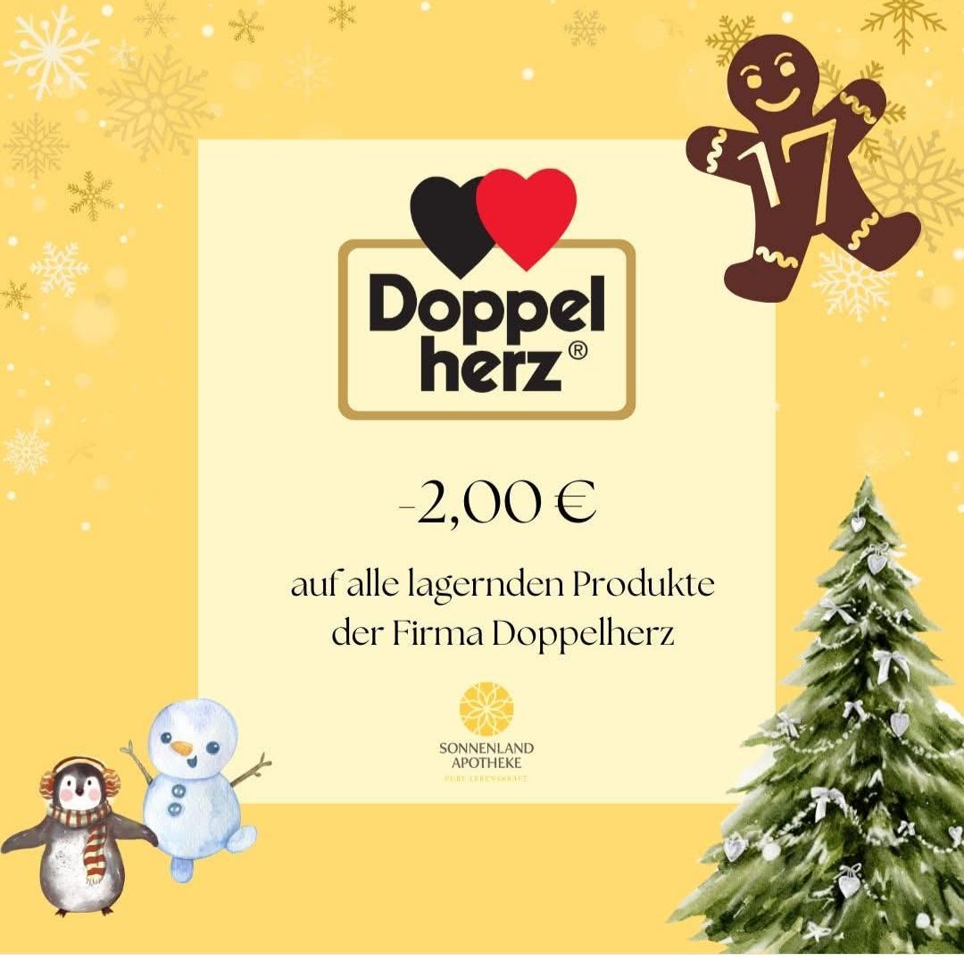Weihnachtswerbeposter von Doppelherz mit einem Lebkuchenmann, Schneeflocken, einem Schneemann und einem Pinguin. Es bewirbt einen Rabatt von 2,00 Euro auf alle Produkte.