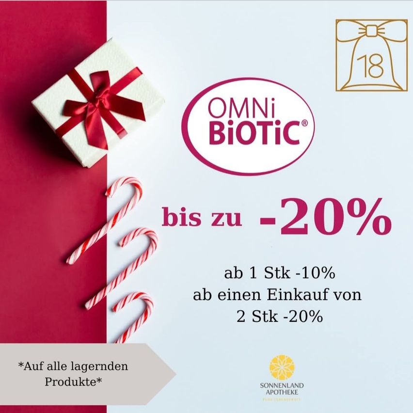 Eine Werbung für Omni Biotic zeigt eine Geschenkbox mit einem roten Band und zwei Zuckerstangen. Sie bietet Rabatte bis zu 20% auf Einkäufe. Verfügbar auf allen Lagerprodukten.