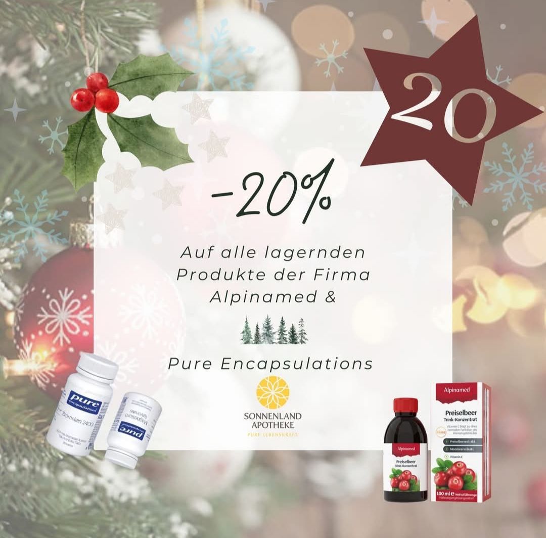 Ein weihnachtlich gestaltetes Bild bewirbt einen 20% Rabatt auf alle Produkte von Alpinamed und Pure Encapsulations. Es zeigt Weihnachtsdekorationen und die Produkte mit einem Stern und einem Preisschild.
