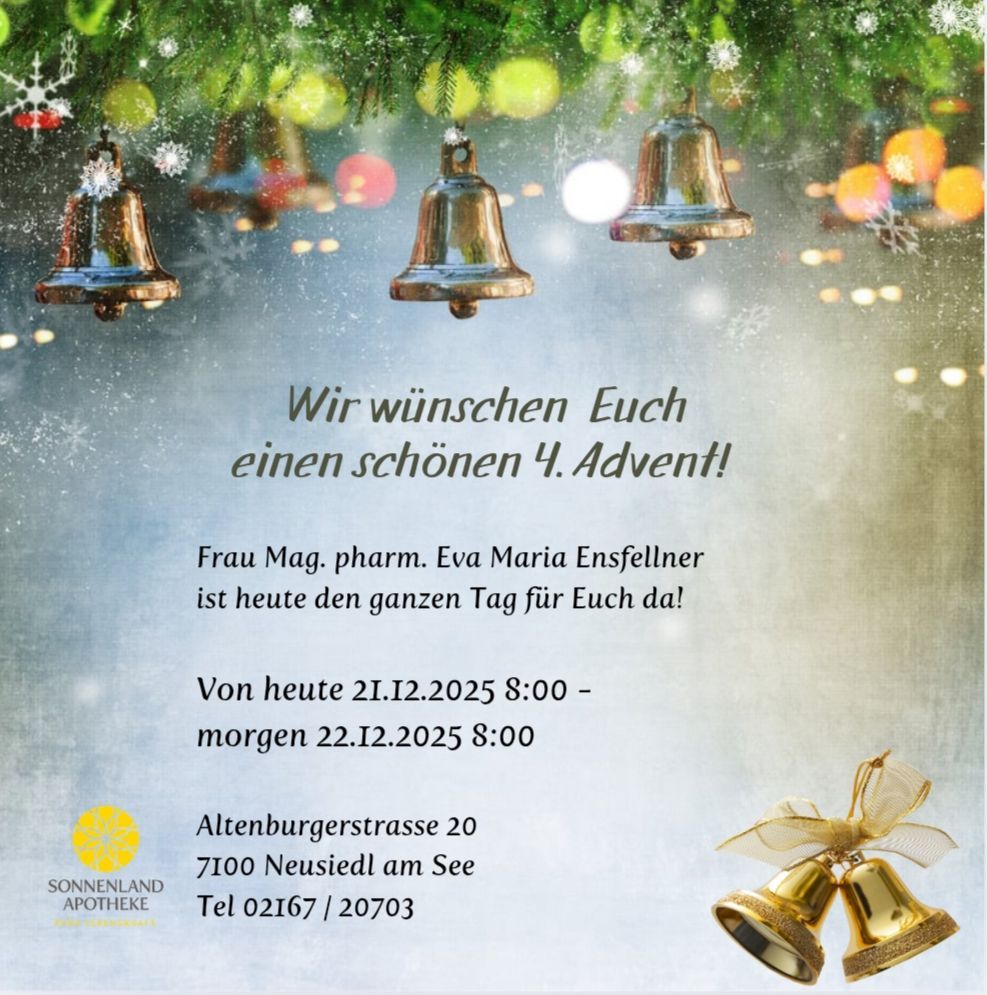 Poster mit Glocken und Weihnachtsdekorationen. Es steht: 'Wir wuenschen Euch einen schoenen 4. Advent!' Eine Apothekenmitteilung ist enthalten, mit Adresse und Kontaktinformationen.