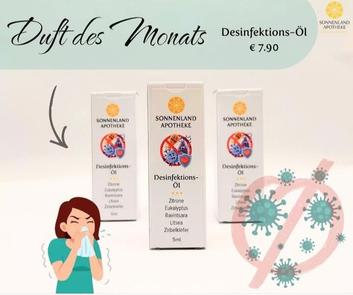 Eine Werbung für Desinfektionsöl von Sonnenland Apotheke. Es werden vier Schachteln gezeigt, wobei eine Frau niest. Jede Schachtel enthält 5 ml Öl mit Inhaltsstoffen wie Eukalyptus und Ravintsara. Der Preis beträgt 7,90 Euro.