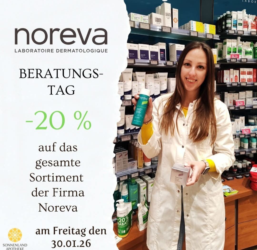 Eine Frau in einem weißen Laborkittel steht in einer Apotheke, hält eine grüne Flasche und lächelt. Der Text lautet 'Beratungstage -20% auf das gesamte Sortiment der Firma Noreva am Freitag, den 30.01.26.'