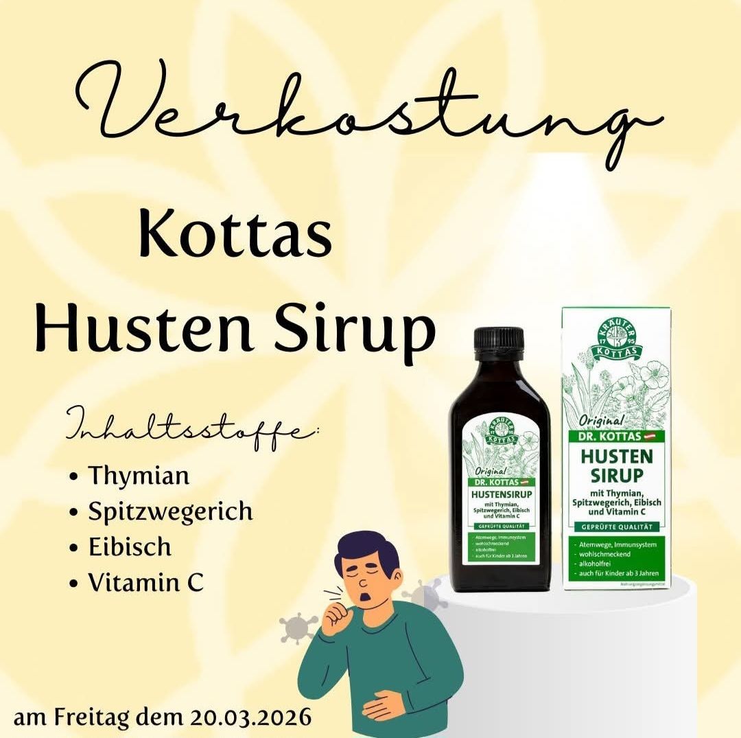 Eine Werbung für Kottas Husten Sirup, einen Hustensaft mit Thymian, Spitzwegerich und Vitamin C. Es enthält eine Illustration eines Mannes mit Halsschmerzen.