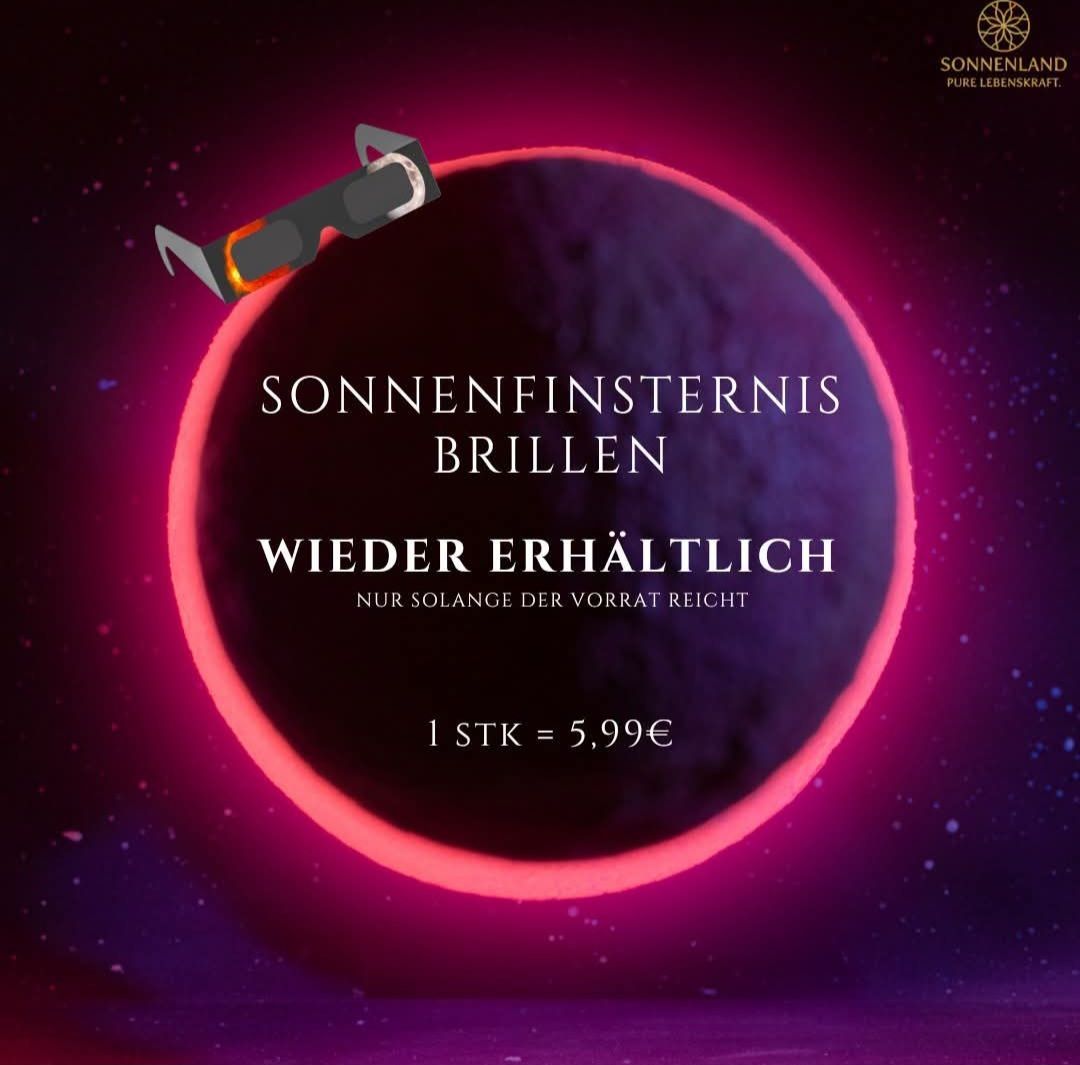 Eine Werbung für Sonnenfinsternis Brillen, die einen leuchtenden roten Planeten mit einer Brille darauf zeigt. Der Text lautet 'Sonnenfinsternis Brillen' und 'Wieder Erhältlich'. Zum Preis von 5,99€ pro Stück.