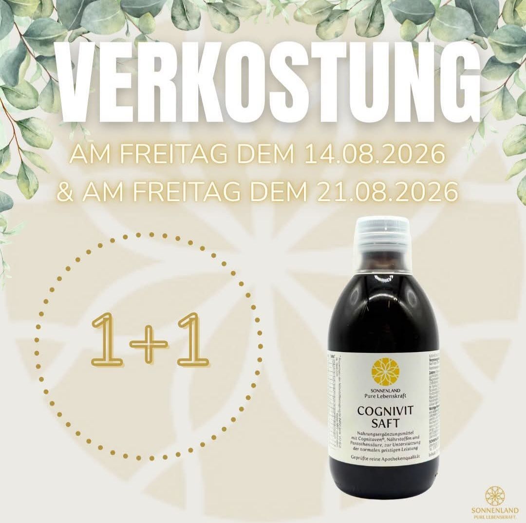 Werbung für ein Produkt namens Cognivitt Saft, ein flüssiges Nahrungsergänzungsmittel, mit einem Flaschenbild und einem grünen Blattdesign. Der Text weist auf eine Verkostung an zwei Freitagen im August 2026 hin.