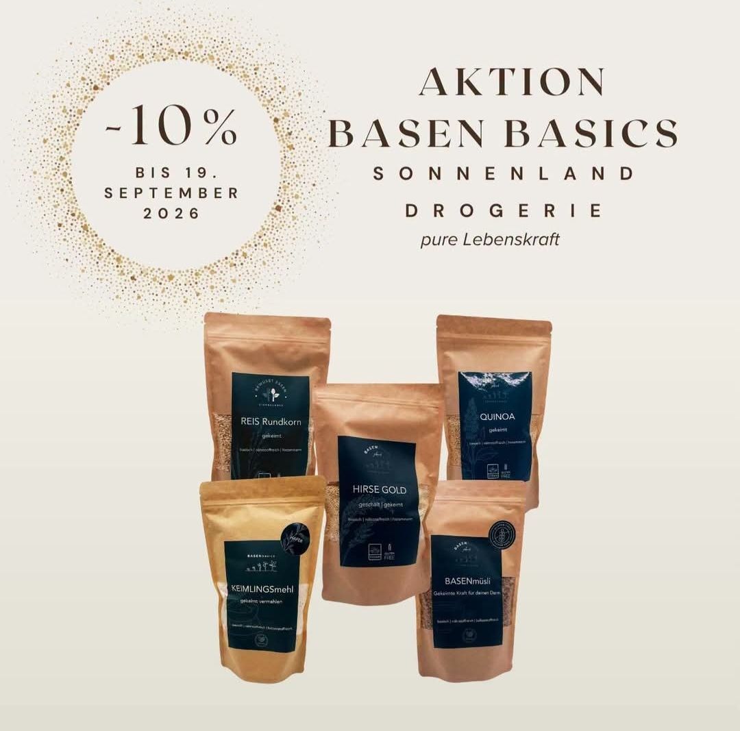 Promotional banner for 'Aktion Basen Basics' with a 10% discount until September 19, 2026. It features four brown bags of different grains and seeds.
