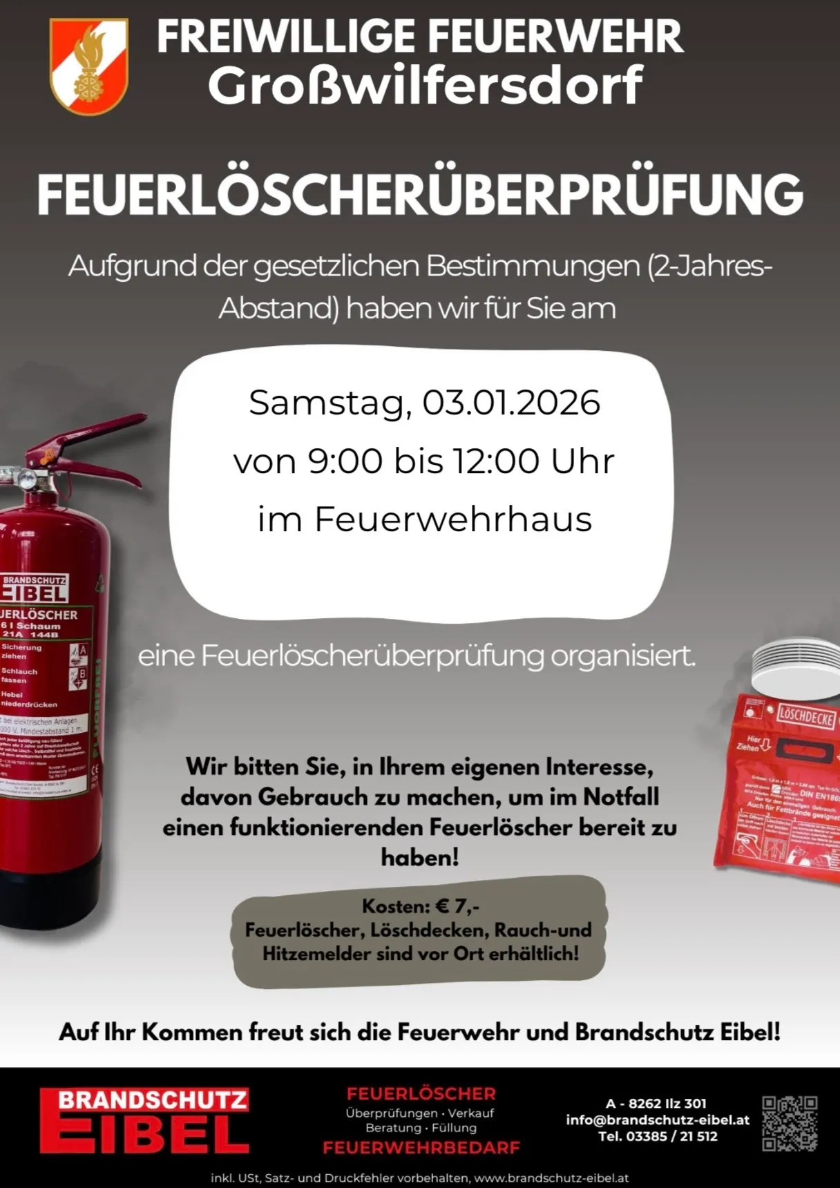 Das Bild ist eine Ankündigung für eine Überprüfung des Feuerlöschers, geplant für den 3. Januar 2026 von 9:00 bis 12:00 Uhr im Feuerwehrhaus. Die Veranstaltung gilt für einen Zeitraum von 2 Jahren. Ein roter Feuerlöscher ist auf der linken Seite abgebildet.