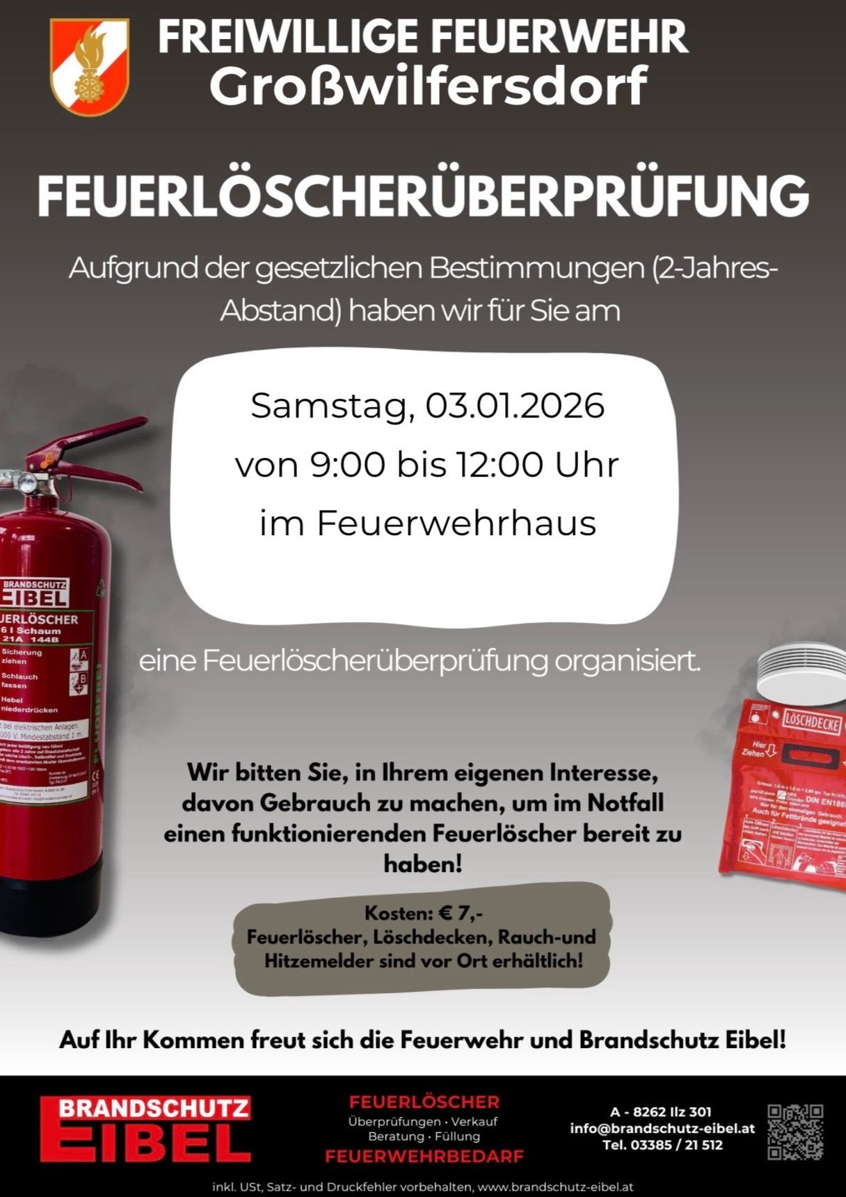 Das Bild ist eine Ankündigung für eine Überprüfung des Feuerlöschers, geplant für den 3. Januar 2026 von 9:00 bis 12:00 Uhr im Feuerwehrhaus. Die Veranstaltung gilt für einen Zeitraum von 2 Jahren. Ein roter Feuerlöscher ist auf der linken Seite abgebildet.