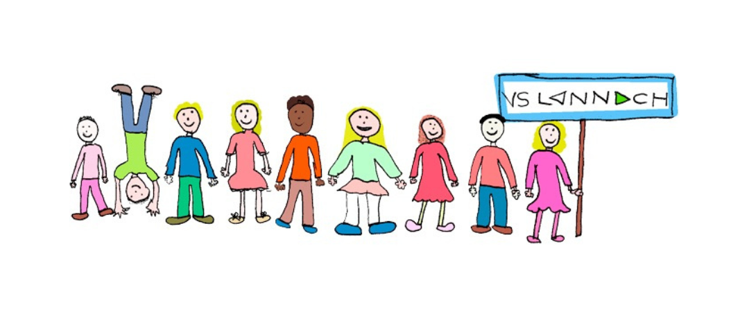 Eine Reihe von verschiedenen Kindern in unterschiedlichen Posen, die Händchen halten, mit einem Schild über ihnen, das VS LUNND CH. steht.