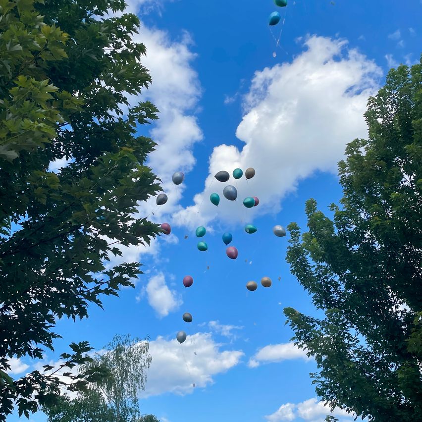 Luftballons in verschiedenen Farben schweben im blauen Himmel mit Wolken. Die Ballons werden freigelassen und steigen auf. Es gibt mehrere Bäume in der Umgebung.