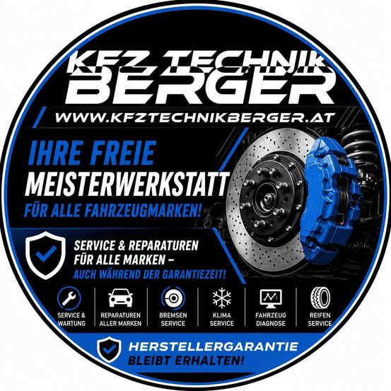 Ein kreisförmiger Werbeflyer für KFZ Technik Berger, der eine Bremsscheibe und einen Bremssattel mit blau-schwarzem Farbschema zeigt. Es bietet Dienstleistungen und Reparaturen für alle Fahrzeugmarken, auch während der Garantiezeit. Das Bild enthält Symbole für Service, Reparatur, Bremse, Klima, Fahrzeugdiagnose und Reifenservice.