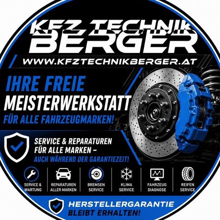 Ein Werbebild für KFZ Technik Berger, ein Servicecenter, das Reparaturen und Wartung für alle Fahrzeugmarken anbietet, mit Fokus auf Bremssysteme. Das Bild zeigt einen blauen Bremsscheiben und -sattel, zusammen mit verschiedenen Service-Symbolen.