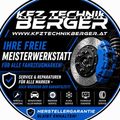 Ein Werbebild für KFZ Technik Berger, ein Servicecenter, das Reparaturen und Wartung für alle Fahrzeugmarken anbietet, mit Fokus auf Bremssysteme. Das Bild zeigt einen blauen Bremsscheiben und -sattel, zusammen mit verschiedenen Service-Symbolen.