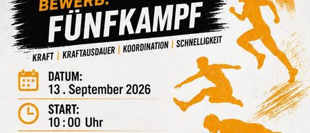 Plakat für einen Sportwettbewerb namens 'Wettkampf Skibezirrk V'. Es zeigt Silhouetten von Athleten in verschiedenen Posen, ein Kalendersymbol, eine Uhr, einen Standortstift und einen Verkehrskegel. Die Veranstaltung ist für den 13. September 2026 angesetzt, Beginn um 10:00 Uhr in der Sportplatz/Festhalle EtamiBl. Die Teilnahme ist auf Kinder ab 8 Jahren und Schüler bis 16 Jahre beschränkt. Essen und Getränke sind vorhanden.
