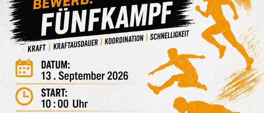 Poster for a sports competition called 'Wettkampf Skibezirrk V'. It features silhouettes of athletes in various poses, a calendar icon, a clock, a location pin, and a traffic cone. The event is scheduled for September 13, 2026, starting at 10:00 AM at Sportplatz/Festhalle EtamiBl. Participation is limited to children aged 8 and students up to 16. Food and drinks are provided.