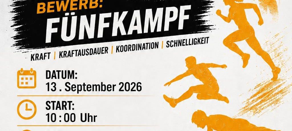 Plakat für einen Sportwettbewerb namens 'Wettkampf Skibezirrk V'. Es zeigt Silhouetten von Athleten in verschiedenen Posen, ein Kalendersymbol, eine Uhr, einen Standortstift und einen Verkehrskegel. Die Veranstaltung ist für den 13. September 2026 angesetzt, Beginn um 10:00 Uhr in der Sportplatz/Festhalle EtamiBl. Die Teilnahme ist auf Kinder ab 8 Jahren und Schüler bis 16 Jahre beschränkt. Essen und Getränke sind vorhanden.