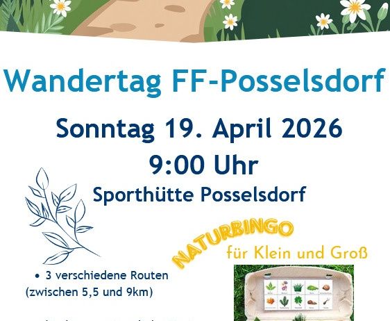 Plakat für FF-Possendorf Wandertag am 19. April 2026. Routen variieren zwischen 5,5 und 9km. Familienfreundliche Strecken mit einer Station am Halterberg.