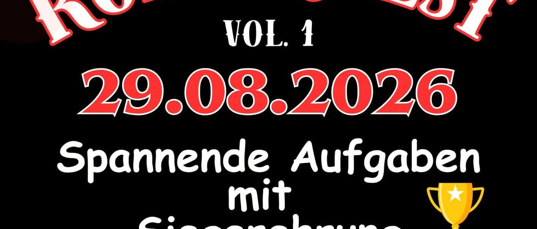 Plakat für Road Quest Vol. 1 am 29.08.2026 mit einem Auto auf der Straße, einem Pokal und einem QR-Code für die Anmeldung.