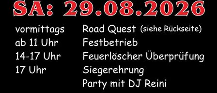 Plakat für die Veranstaltung Schnitterhahn von FF Pusselsdorf am 29.-30. August 2026. Aktivitäten umfassen eine Straßenquest, Feuerlöscherüberprüfung, Siegesfeier und eine Party mit DJ Reini.