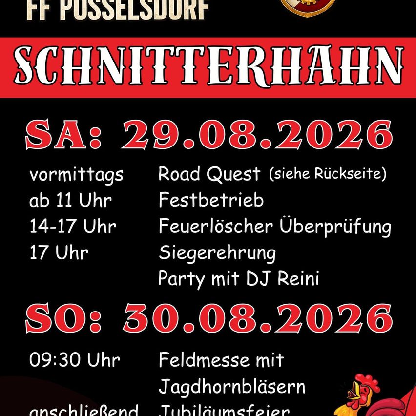 Schnitterhahn event poster for FF Pusselsdorf on August 29th and 30th, 2026. Activities include Road Quest, fire extinguisher check, victory parade, and a party with DJ Reini.