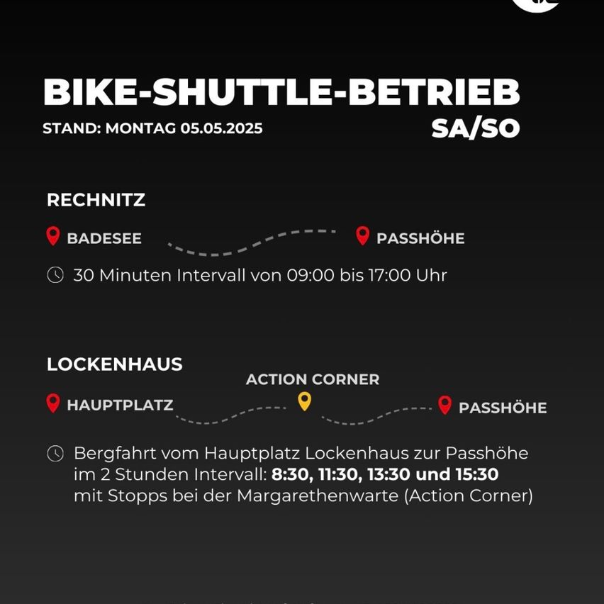 Ein Infographic zeigt den Zeitplan eines Fahrrad-Shuttle-Service zwischen den Orten: Recknitz Badesee nach Passhoe mit einem 30-Minuten-Intervall von 09:00 bis 17:00 und Lockenhaus Action Corner nach Passhoe mit einem 2-Stunden-Intervall um 8:30, 11:30, 13:30 und 15:30 mit einer Haltestelle bei Margarethenwarte (Action Corner).