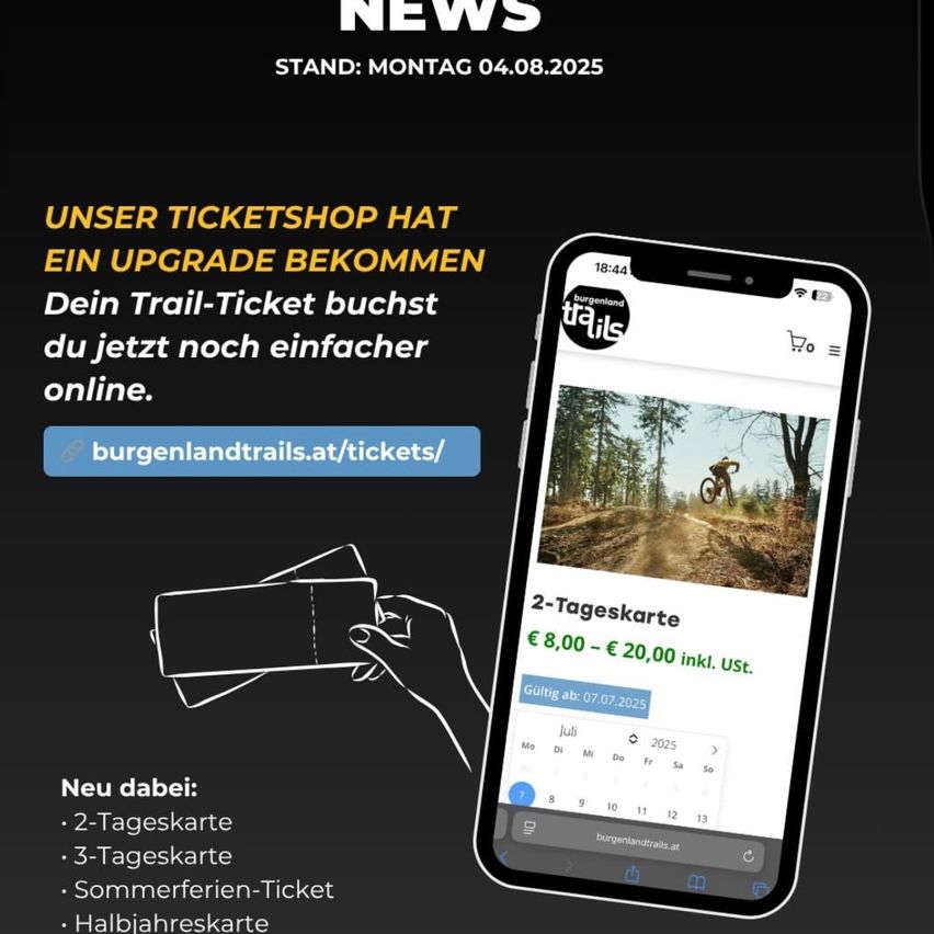 Werbeplakat für Ticket-Upgrades der Burgenland Trails. Es zeigt ein Smartphone mit einer Kalender-App, die einen 2-Tages-Pass und eine Hand mit einem Ticket zeigt. Neue Tickets umfassen einen 2-Tages-Pass, 3-Tages-Pass, Sommerferien-Pass und Halbjahreskarte.