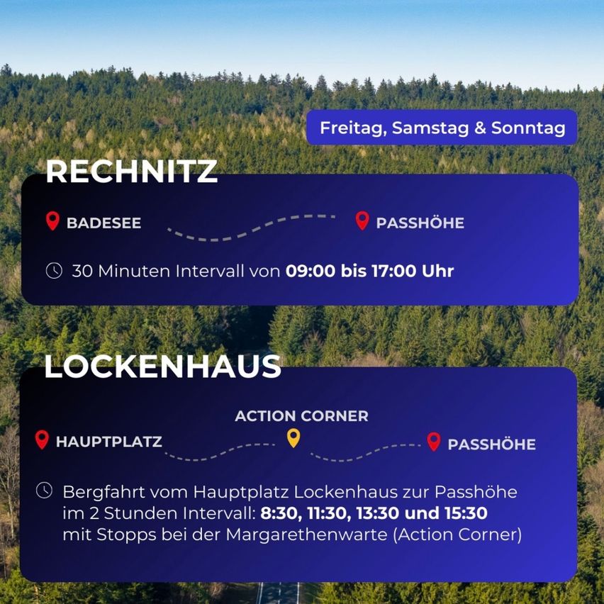 Eine blaue Informationsgrafik zeigt eine Route von Badese nach Passhoe mit Haltestellen in Rechnitz. Die Busse fahren alle 30 Minuten von 9:00 bis 17:00. Eine weitere Route von Lockenhaus nach Passhoe fährt alle 2 Stunden um 8:30, 11:30, 13:30 und 15:30, mit Halten bei Margarethenwarte.