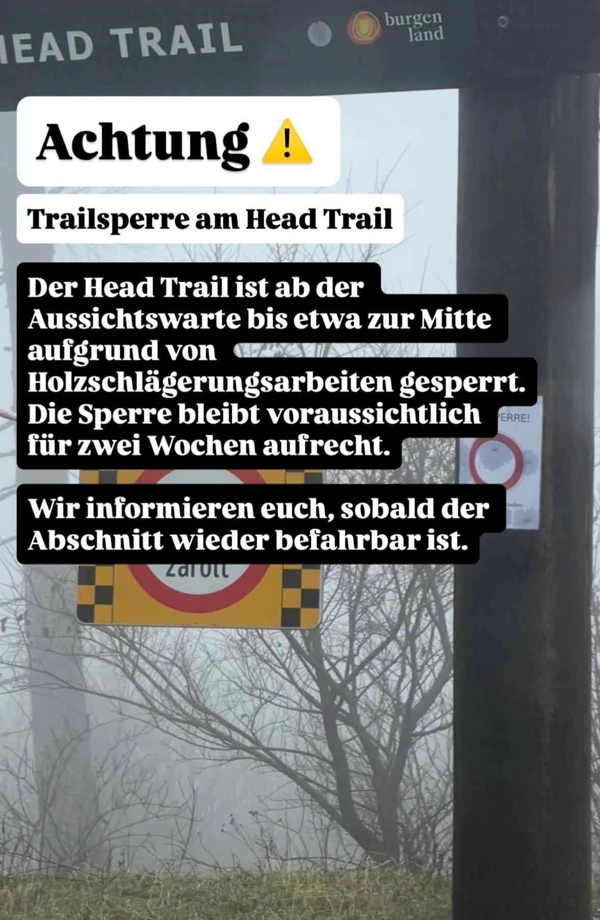 Der Head Trail ist ab der Aussichtswarte bis etwa zur Mitte aufgrund von Holzschlägerungsarbeiten gesperrt. Die Sperre bleibt voraussichtlich für zwei Wochen aufrecht. Wir informieren euch, sobald der Abschnitt wieder befahrbar ist.