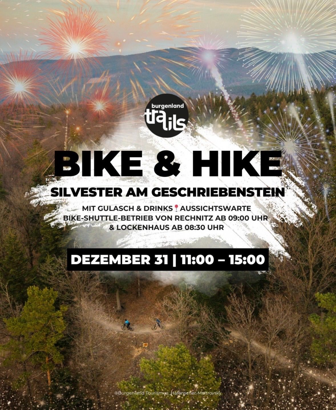 Plakat für Fahrrad- und Wanderevent am Silvester am Geschreibenstein. Zeigt Feuerwerk, Bergkulisse und Shuttle-Service-Details.