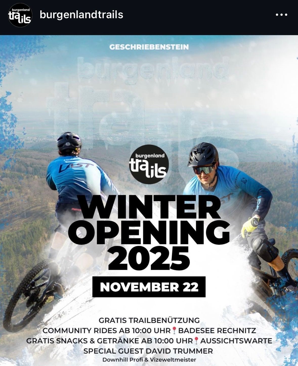 Wintereröffnung 2025 am 22. November. Zwei Mountainbiker fahren durch den Wald. Es steht 'Burgenland Trails'.
