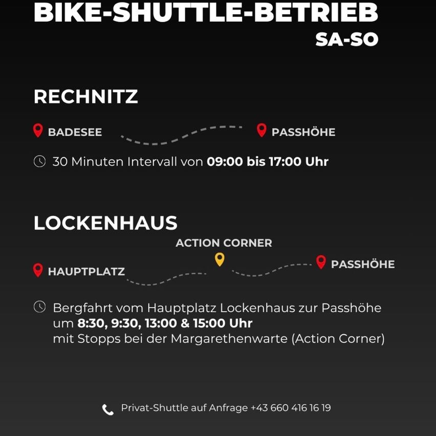 A bike shuttle service advertisement with a black background, featuring routes from Badese to Passhöhe and Lockenhaus to Passhöhe, with specific departure times and a contact number.