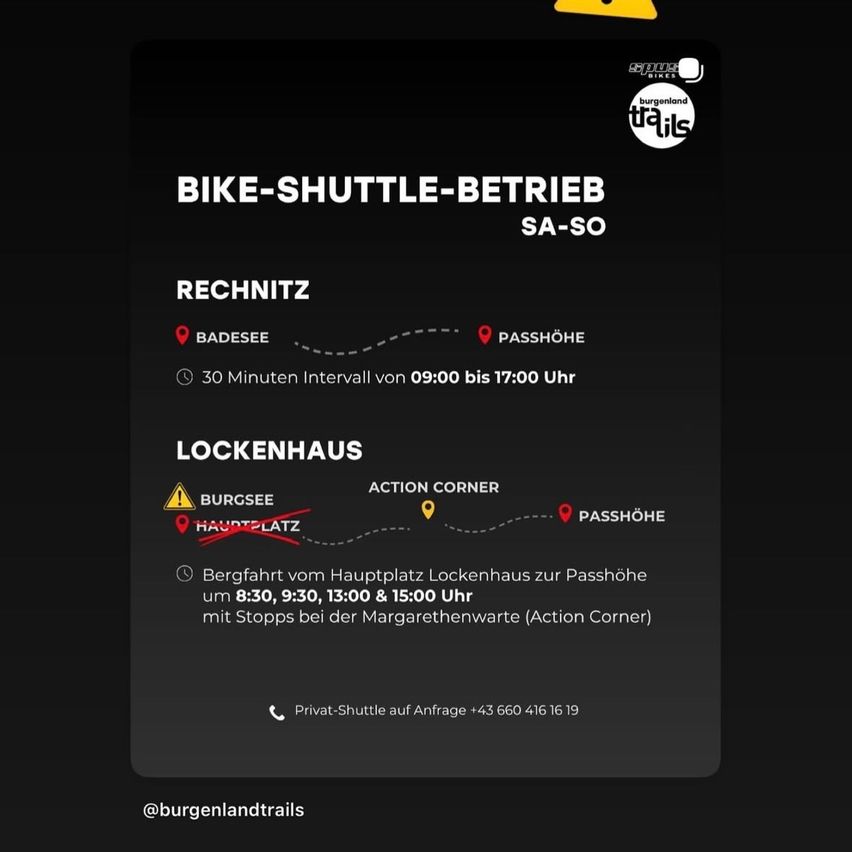 Ein Screenshot eines Fahrrad-Shuttle-Fahrplans zwischen Badensee und Passhöhe mit einem 30-Minuten-Intervall von 9:00 bis 17:00, einschließlich einer Routenkarte und Kontaktinformationen.