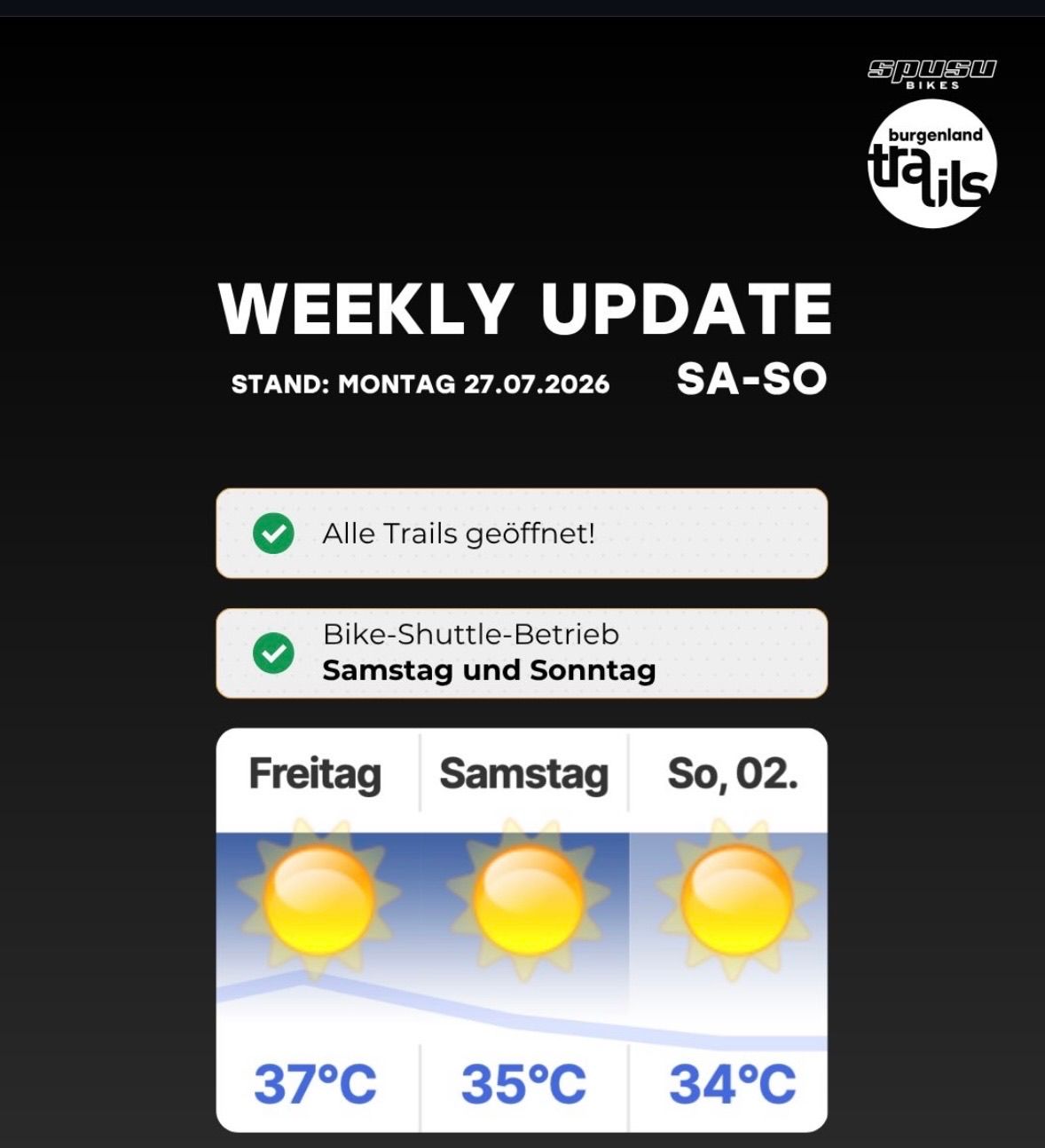 Burgenland Trails Weekly Update: Alle Trails geöffnet, Shuttle-Betrieb am Wochenende, 37°C bis 34°C.