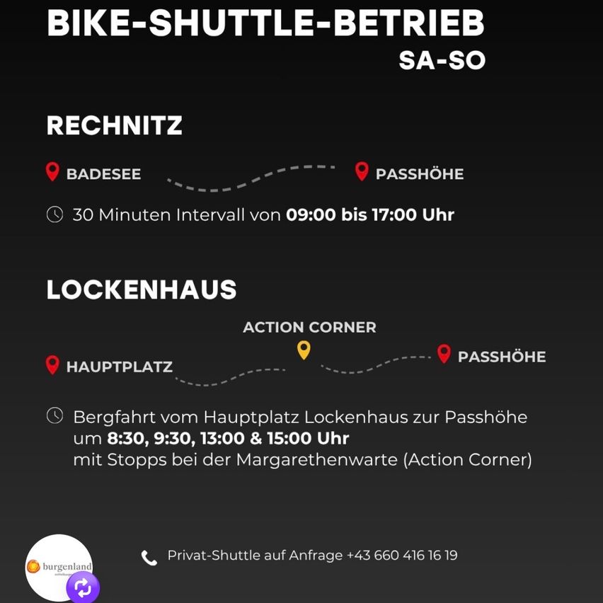 Ein Plakat bewirbt einen Fahrrad-Shuttle-Service zwischen Badesee und Passhöhe mit einem 30-Minuten-Intervall von 09:00 bis 17:00 Uhr. Es wird auch ein Shuttle von Lockenhaus nach Passhöhe zu bestimmten Zeiten mit Halt bei Margarethenwarte erwähnt.